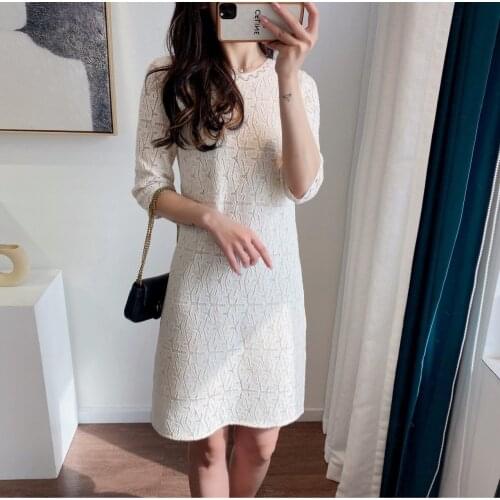 Hyj17 star pot French early spring new hook flower water soluble lace round neck 3 / 4 Sleeve Dress