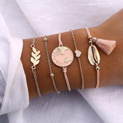 IPARAM 5pcs/set Bohemian Shell Bracelet Earth Love Leaf Tassel Charm Bracelets Set Women Multilayer Chain Rope Bracelet Jewelry
