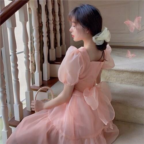 Sweet Lolita Dress Women Summer Elegant Vintage Bow Lace-Up V-Neck Puff Sleeve Fairy Dress Girls Pink Party Midi Dresses Robe