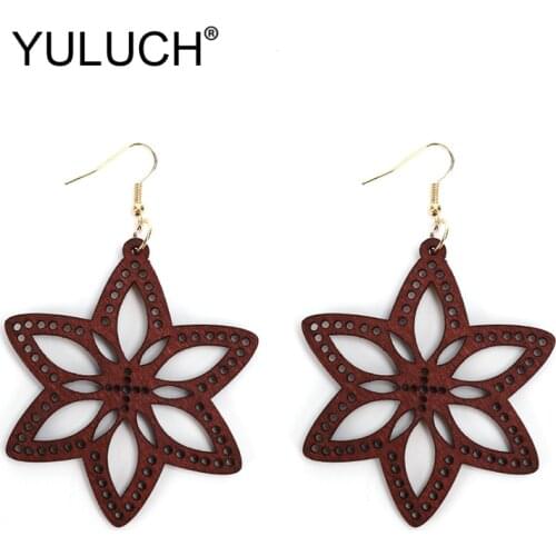 YULUCH Trendy Hollow Wood Hollow Lily Flower Pattern Big Statement Earrings For Women Party Fashion Jewelry Long Dangle Earrings