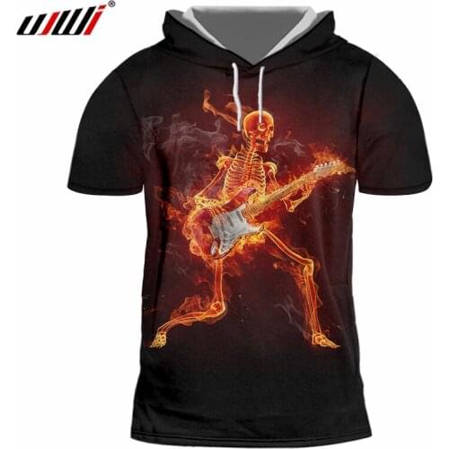UJWI Man Personality Dance Violin Guitar flame Skulls Hooded Tshirt 3D Printed Hip Hop Mens Wholesale Funny Harajuku T-shirt