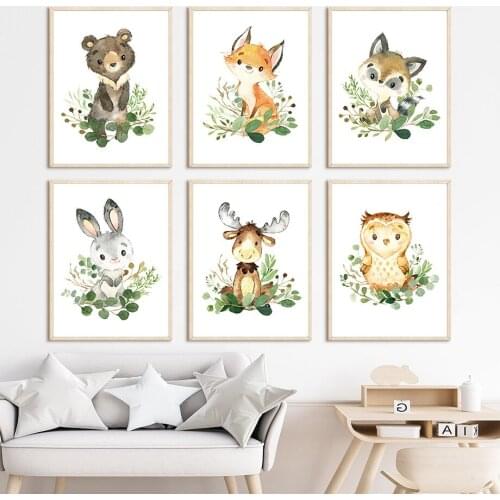 Bear Fox Rabbit Elk Raccoon Cute Animal Nordic Posters And Prints Nursery Wall Art Canvas Painting Wall Pictures Kids Room Decor