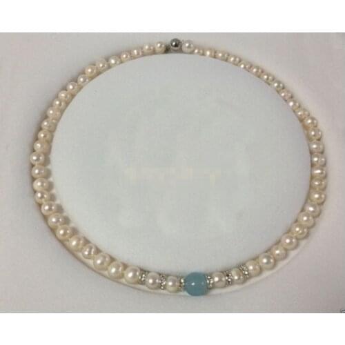 NATURAL 7-8MM REAL WHITE PEARL & 10MM NATURAL BLUE JADE BEADS NECKLACE 18"