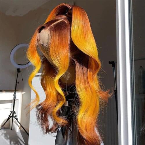 Remy Highlight Ginger Colored Ombre Orange Body Wave Transparent Lace Front Human Hair Wig Adjustable Strap With Baby Hair
