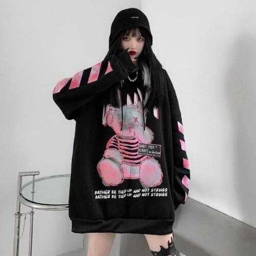 Cartoon Punk Hoodie Streetwear Black Hip Hop Women Amine Sweatshirts Casual Autumn High Street Bear Hoodies Funny Harajuku Tops
