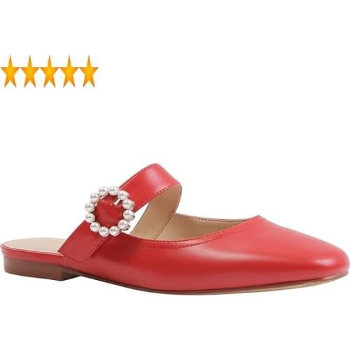 Pearls Summer Toe Leather Square Flat Half Drag Sandal Women Leisure Mules Shoes OL Ladies Comfortable Elegant Slip On Sandals