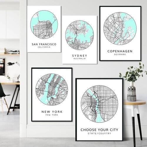 Nordic Cartoon Geographical City Green Art Picture Home Decoration Canvas Painting LivingRoom Bedroom Wall Decor Printing Poster