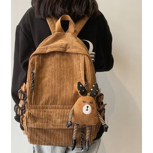 New Multi-pocket Corduroy Women Backpack Female Solid Color Cute Student Schoolbag for Teen Girl Laptop Backpack Book Bag