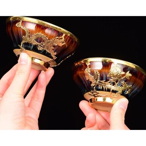 Vintage Tea Cup 110ml Ceramic Gold Dragon Phoenix Cup Chinese Kung Fu Teaware Set Master Puer Cups Small Tea Bowl Drinkware Gift