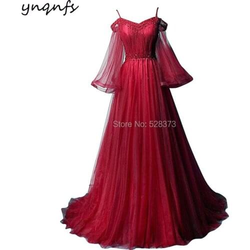 YNQNFS Fairy Gown Elegant Off Shoulder Ruffles Long Sleeve Crystal Robe Vestido Formal Dress Mother of the Bride Dresses MD372