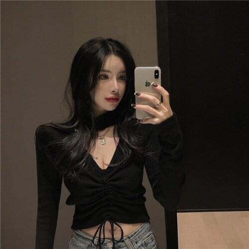 Short V-neck Drawcord Pleated Design Bottom Shirt Tops For Women Autumn Winter Sexy Slim Long Sleeve T-Shirt Top Woman Tshirts