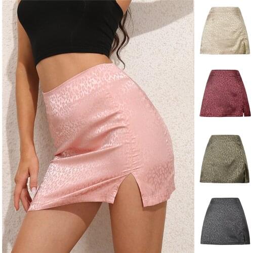 Summer 2021 New Womens Skirts Short Leopard High Waist Split Skirt Sexy Jacquard Satin Zipper Mini Pencil Skirt Pink BSQ182