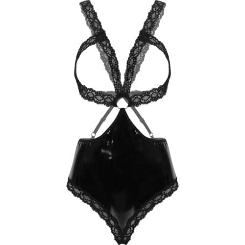 Womens Erotic Lingerie Floral Lace Bodysuit Open Cups Bra with Patent Leather Spliced Open Butt Bottoms Teddy Bodysuit Nightwear