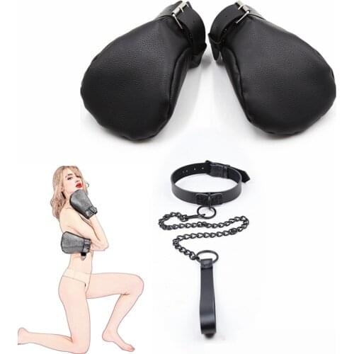 Women Role Play Sexy Fetish Costumes of Black Soft Leather Hand Bondage Boxing Gloves with Collar Chain for Evening Party