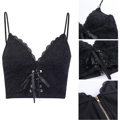 Women Gothic Sleeveless Crop Top Sexy V-Neck Cross Bandage Short Vest Embroidery Floral Lace Zipper Backless Clubwear
