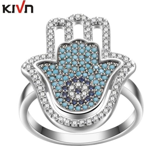 Womens Fashion Jewelry CZ Cubic Zirconia Turkish Blue Eye Hamsa Hand Wedding Engagement Ring for Girls Birthday Christmas Gifts
