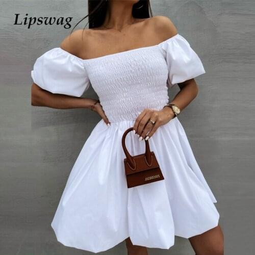Elegant Puff Sleeve Women Party Dresses 2021 Solid Fashion Summer Backless Beach Dress Sexy Lady Off Shoulder Pleated Mini Dress