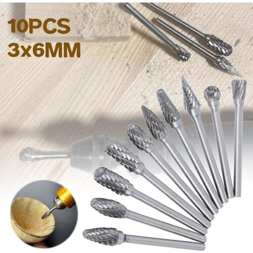 10PCS Tungsten Carbide Burr Set 1/8" Shank Double Cut Electric Grinder Rotary Tool Cutter for Carving Metalworking Milling