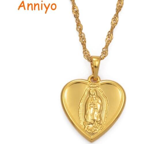 Anniyo Heart Our Lady Necklaces Gold Color Virgin Mary Pendant Necklaces for Women Girls Catholic Jewelry Worship #067704