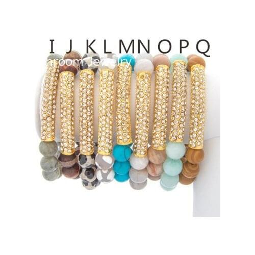 Boho Amazonite labradorite African Turquoises Beaded Gold Pave Bar Chic Stretch Stacking Bracelet