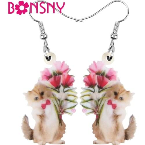 Bonsny Acrylic Valentines Day Flower Bow-knot Cat Earrings Drop Dangle Jewelry For Women Girls Teen Lovers Charm Gift Accessory
