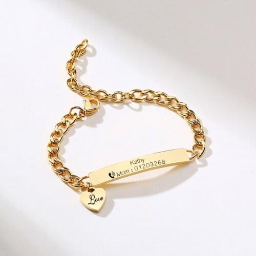 Personalized Letter Custom Baby Name Chain Bracelet Stainless Steel Bangles With Heart Tag Femme Kids Boy Girls Jewelry