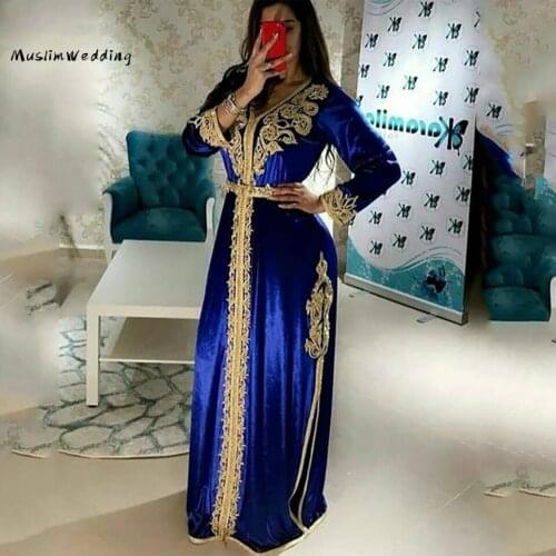 Cheap Royal Blue Muslim Evening Dresses Elegant Long Sleeve Gold Lace Velvet Prom Dress 2020 Sexy V Neck Cheap Long Party Gowns