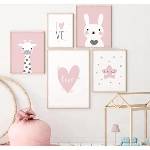 Canvas Painting Cartoon Animals Giraffe Rabbit Love Heart Star Pink Poster Girl Room Home Decoration Hanging Mural Wall Art