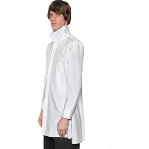 Hot Spring And Autumn Men Slim Popper Stand Collar Shirt The Trend Of Casual Long-sleeve Casual Shirts Black Male Korean Blouse