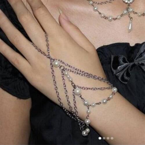 Trendy Punk Silver Color Multilayer Tassel Chain Connected Finger Bracelets Fashion Imitation Pearl Bracelet Jewelry For Woemen