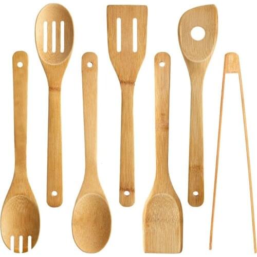 7 Pieces Bamboo Utensil Set, Turner Spatula Single Hole Mixing Spoon Slotted Spoon Slotted Spatula Bamboo Cooking Spoon