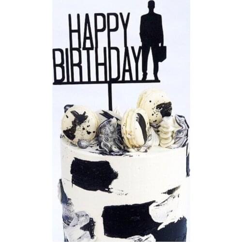 New Happy Birthday Acrylic Cake Toppers Black Dad Silhouette Fathers Day Cake Toppers for Father Birthday Party Cake Decoration