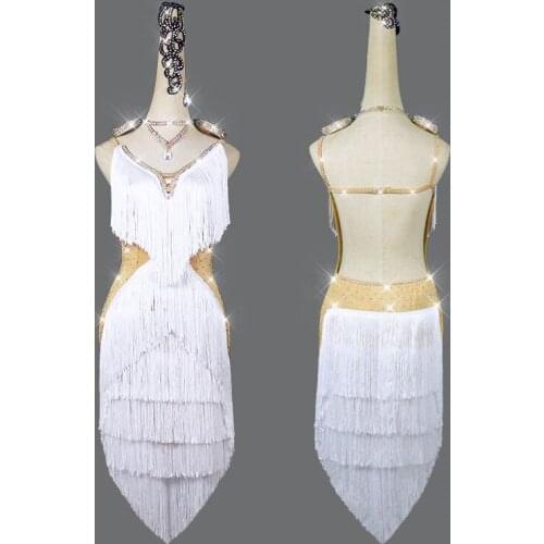 New Latin Dance Dress Latin Skirt Competition Dress Costumes Performing Dress Sparkly Rhinestone Customize Children White Tassel