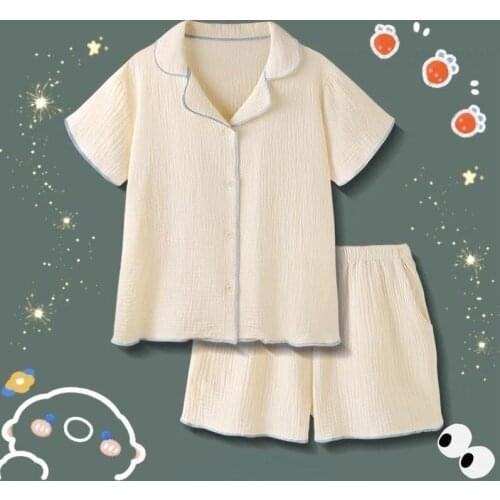 QWEEK Sleepwear Womens Cotton Solid Color Pajamas Blue Stripe Edge Banding Japanese Kawaii Cute Pyjama Suits with Shorts Summer