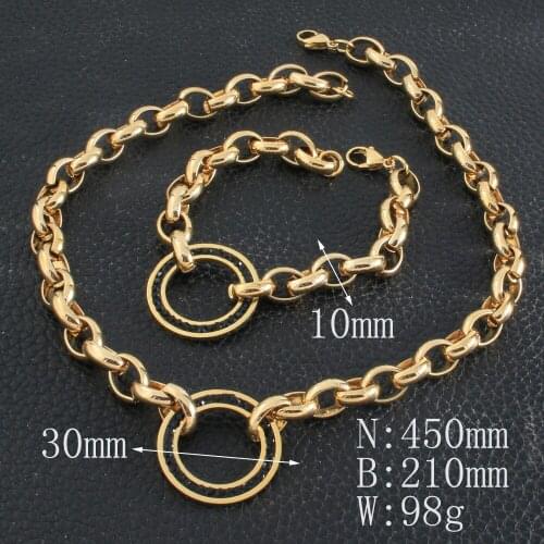 Womens Wholesale Gold Color Stainless Steel Vintage Jewelry Round Bracelet Necklace Sets For Woman Gift SGEZAWDB1