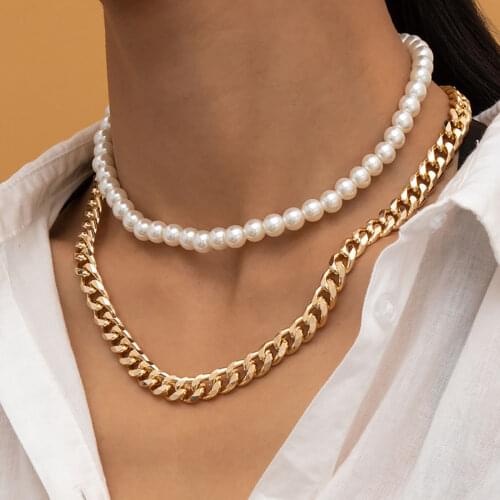 2Pcs/Set Imitation Pearl Handmade Beaded Necklaces Ladies Retro Fashion Miami Curb Thick Chain Necklaces Glamour Girl Jewelry