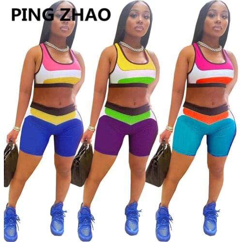 PING ZHAO Women Set Print Sleeveless Crop Tanks Tops Strechy Shorts Two 2 Piece Sets Sweatsuits Summer Outfits