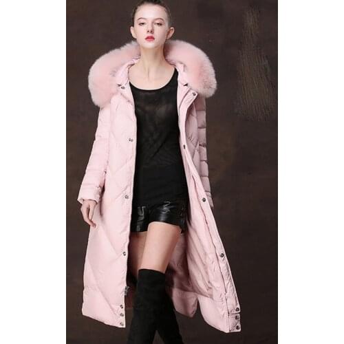 Fashion Woman Down Jacket High Quality Big Fox Fur Collar Pink Black Long Coat Womens Jackets Chamarras De Mujer KJ487