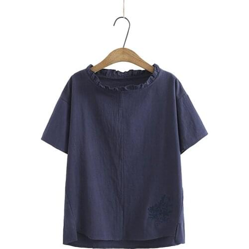 Plus Size XL-4XL Womens Short Sleeve Cotton Tshirts Oversized Floral Embroidery Tops Casual Summer Vintage Shirts