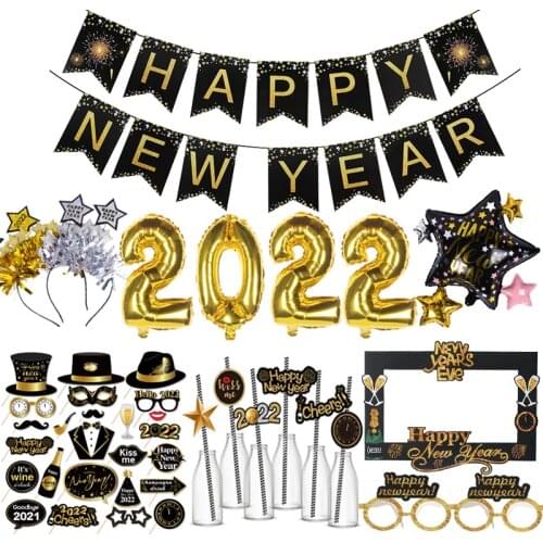 2022 New Year Photo Booth Props New Year Eve Party Decor Navidad Happy New Year Gold Black Banner Christmas Decorations for Home