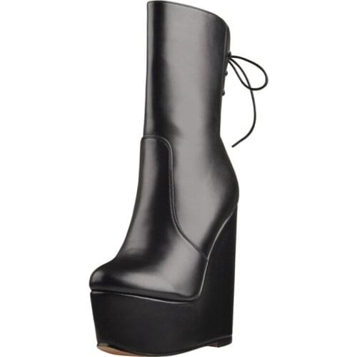 Richealnana Women Wedge Balck Matte16CM High Heels Ankel Boots Soft Leather For Party Dress Zipper Big Size Lady Boots