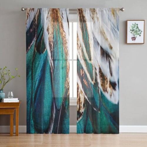 Luxury Sheer Window Curtains Peacock Feather Kitchen Bedroom Living Room Tulle Curtains Study French Window Chiffon Curtains