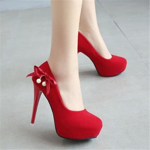 Women pumps Flock Slip On 12.5CM Thin Heels High heels Round Toe waterproof Shallow mujer bombas women shoes size 35-42