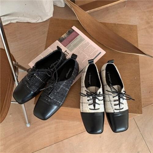 British square toe leather patchwork flat shoes lace up mixed color plaid single shoes woman gingham flats zapatos mujer
