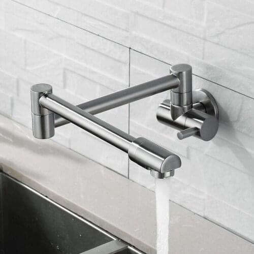 Pot Filler Tap Wall Mounted Foldable Kitchen Faucet Single Cold Single Hole Sink Tap Rotate Folding Spout Chrome Brushed Black
