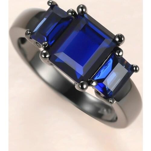 Punk Female Blue Crystal Stone Ring Luxury 14KT Black Gold Wedding Rings For Women Charm Bride Square Zircon Engagement Ring