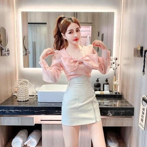 Women 2021 Spring Autumn Fashion V-Neck Long Sleeves Shirt Top + PU Leather Skirt Set Office Lady Chic 2 Piece Set Outfits A566