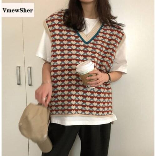 VmewSher Autumn Spring Heart Print Women Sweater Vest Fashion Sleeveless Knit Pullover V Neck Striped Chic Jumper Top Knitwear