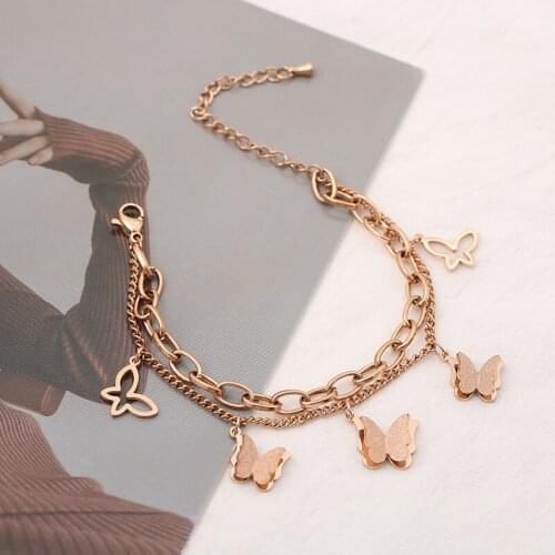 2021 Womens Luxury Titanium Steel Bracelet Butterfly Hollow Out Pendant Rose Gold Layered Bracelet Womens Costume Jewelry