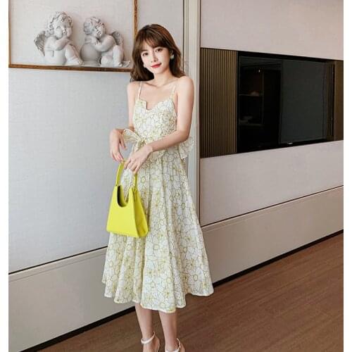 Maxi Dresses for Women Ruffled Jacquard Fabric Suspender Dress Sexy Backless Printed Bow Sling Dress Knee-length Dress Female